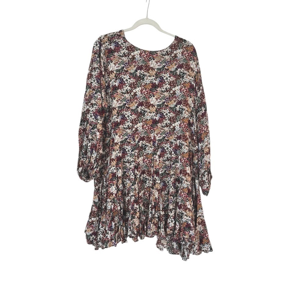 Storia Floral Balloon Sleeve Mini Dress Multi Color Babydoll Ruffle Hem Large